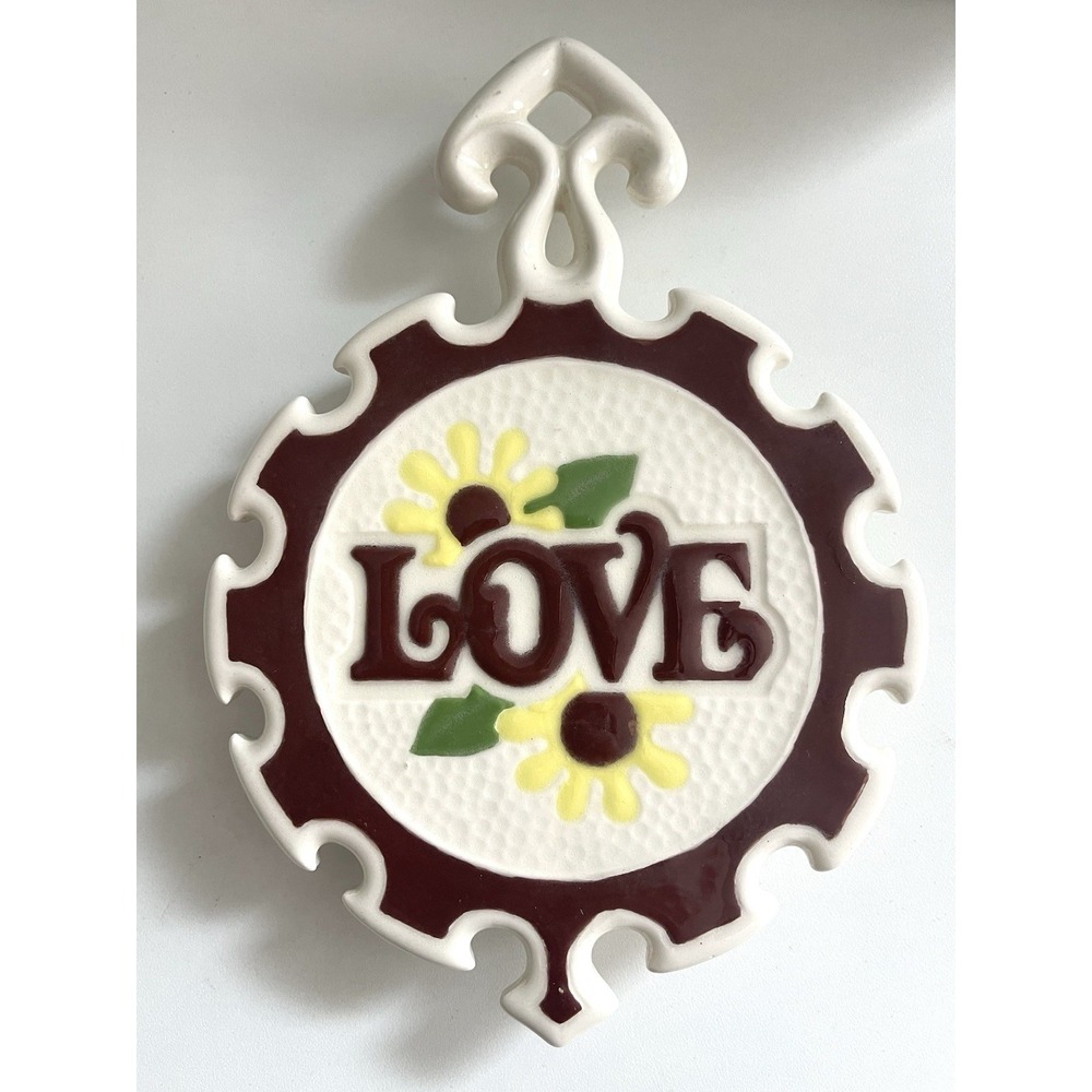Vintage 70's Handmade Floral Ceramic Trivet Wall Decor Hippie Boho Cottagecore